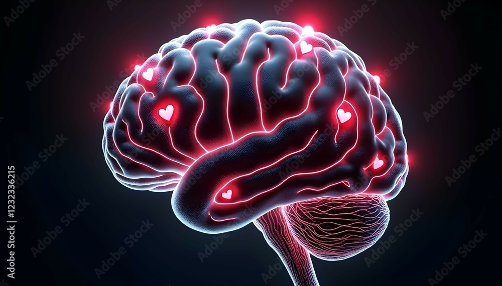 Obraz premium Glowing Brain with Hearts 3d Render Love Concept