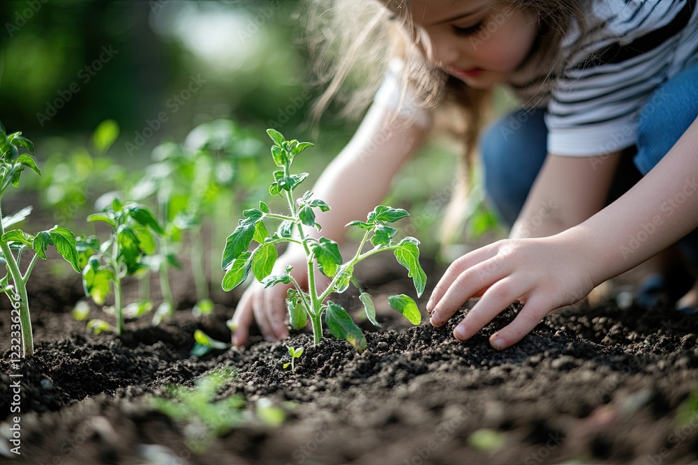 Mother and child work in the garden - a newly planted tomato sprout in the spring vegetable garden. Mother and child work in the garden - a newly planted tomato sprout in the spring vegetable garden.