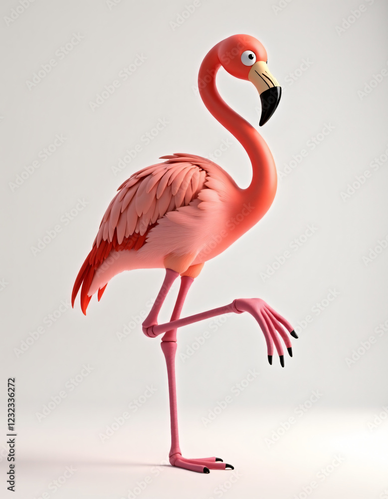 Fototapeta premium Elegant 3D Cartoon Flamingo Standing on One Leg, Cute Exotic Bird on White Background 