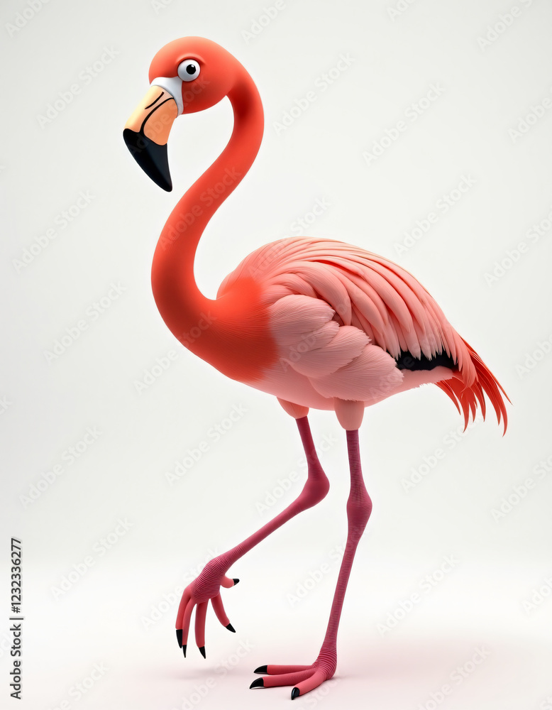 Fototapeta premium Elegant 3D Cartoon Flamingo Standing on One Leg, Cute Exotic Bird on White Background 