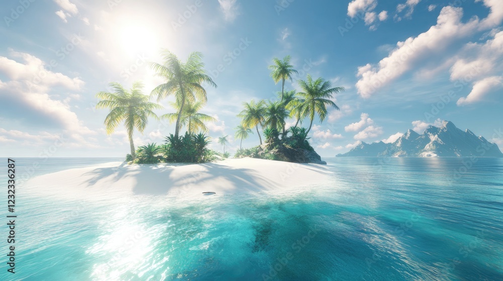 A stunning tropical island with sparkling turquoise waters, pristine white sands, and lush palm trees under the sun A stunning tropical island with sparkling turquoise waters, pristine white sands, and lush palm trees under the sun