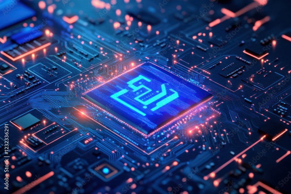 Glowing CPU chip, circuit board, technology, digital future, data processing, tech background Glowing CPU chip, circuit board, technology, digital future, data processing, tech background
