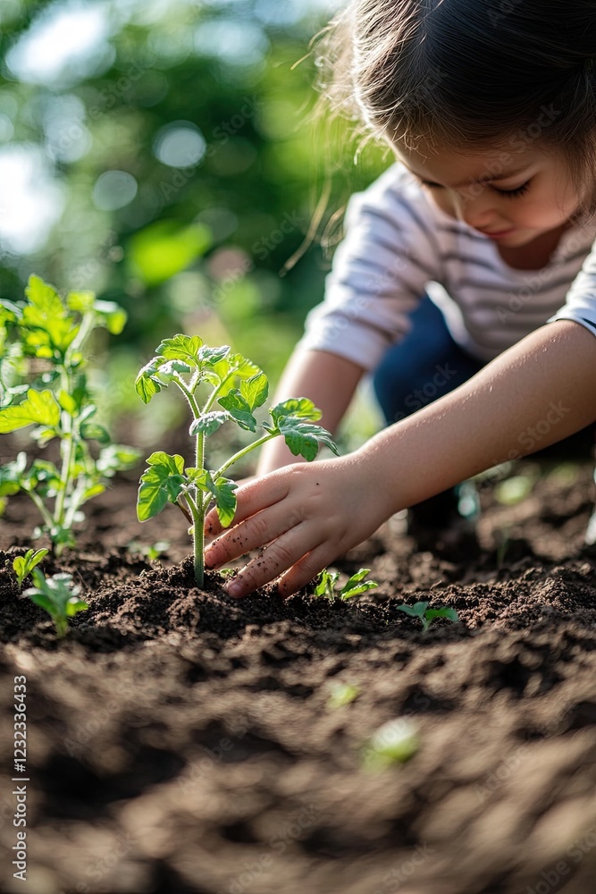Mother and child work in the garden - a newly planted tomato sprout in the spring vegetable garden. Mother and child work in the garden - a newly planted tomato sprout in the spring vegetable garden.