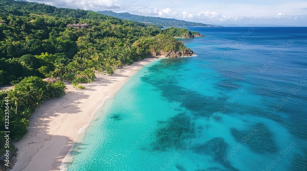 Obraz premium A tranquil tropical paradise with turquoise water, white sand beaches, and lush green palm trees under clear, sunny skies