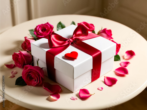 A white gift box with red ribbon surrounded with red rose f;owers and red rose petals with a red heart on it on creamy white table in valentines day. photo