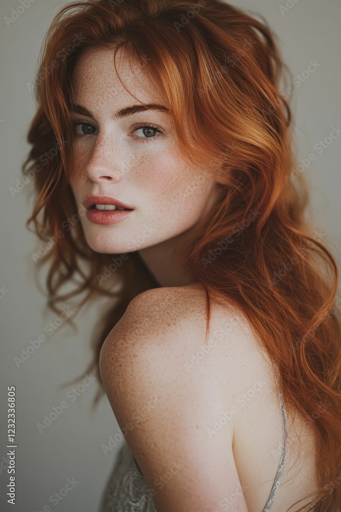 Naklejka premium Redhead with freckles, looking over their bare shoulder.
