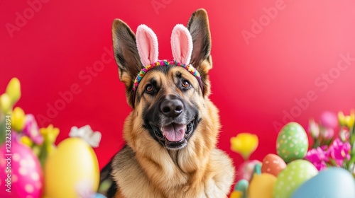 A German Shepherd wearing a headband with bunny ears against a red background, creating an Easter atmosphere. Bright and cheerful elements combined with the festive theme of Easter.