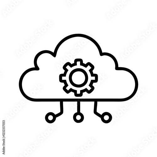 Digital cloud icon with gear and connected nodes, technology concept, data management, minimalist design
