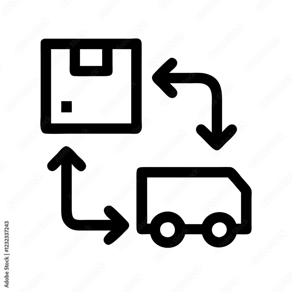Supply chain illustration with package and delivery truck, modern design, black colors, logistics concept
