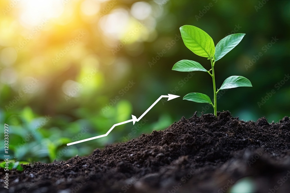 Seedling growing from rich soil with business growth arrow. Concept of business growth, profit, development and success. AI technologies in agriculture Seedling growing from rich soil with business growth arrow. Concept of business growth, profit, development and success. AI technologies in agriculture
