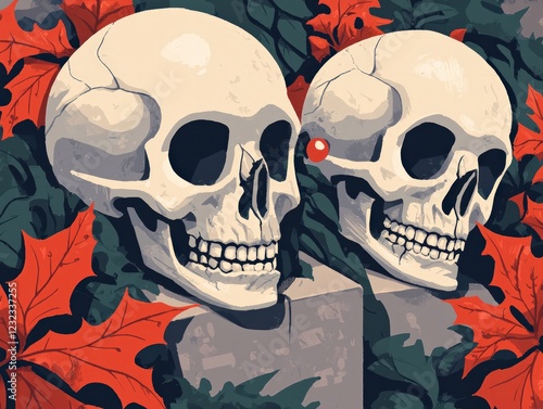 Two Decorative Skulls Surrounded by Vibrant Green and Red Leaves in Artistic Illustration