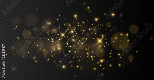 The light of gold dust, bokeh light effect background. Christmas glowing dust background, Yellow flickering glow with confetti bokeh light and particle motion. The dust sparks and golden stars shine.