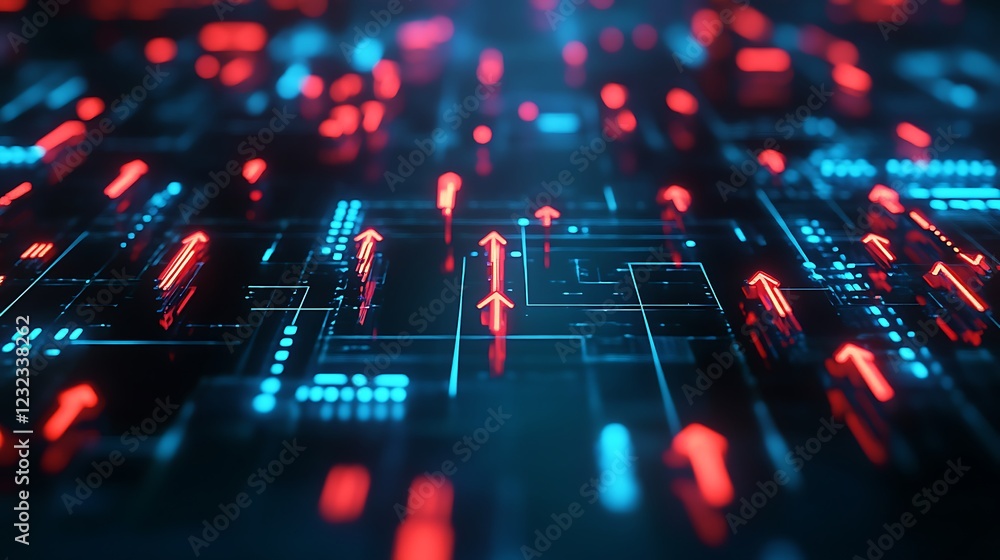 Upward red arrow pattern on a grid in a digital space Upward red arrow pattern on a grid in a digital space