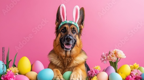 A German Shepherd wearing a headband with bunny ears against a red background, creating an Easter atmosphere. Bright and cheerful elements combined with the festive theme of Easter