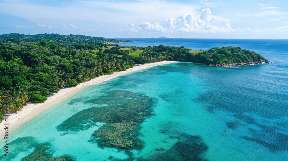 Obraz premium Idyllic tropical coastline with turquoise waters, white sand beaches, and palm trees under a warm, clear sky
