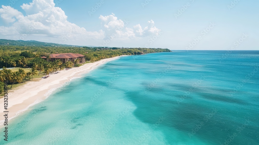 Obraz premium Idyllic tropical coastline with turquoise waters, white sand beaches, and palm trees under a warm, clear sky