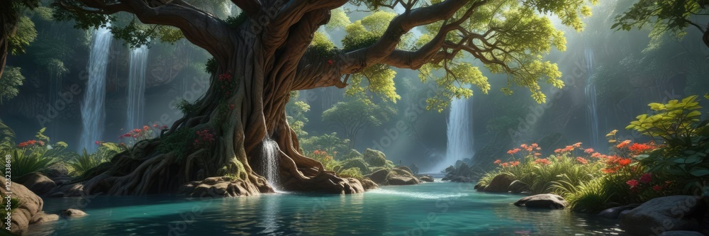 Fototapeta premium Exotic flowers and vines entwine ancient tree trunks, providing a canopy for a secluded waterfall cascading into a tranquil pool , nature, jungle