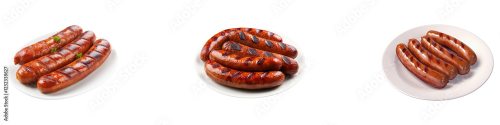 Grilled pork sausage on white plate isolated on transparent background, PNG, Set of Grilled pork sausage on white plate isolated on transparent background, PNG, Set of