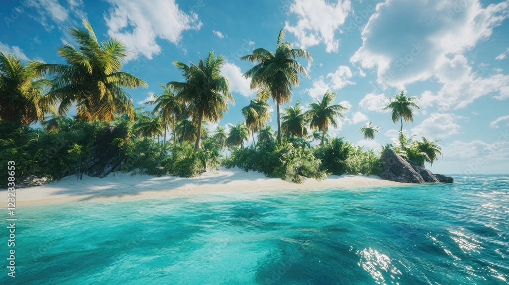 Idyllic tropical island with turquoise ocean, white sand shoreline, and lush palm trees swaying under bright, clear skies Idyllic tropical island with turquoise ocean, white sand shoreline, and lush palm trees swaying under bright, clear skies