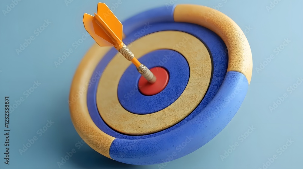 Dart piercing the center of a colorful target on a smooth blue background Dart piercing the center of a colorful target on a smooth blue background