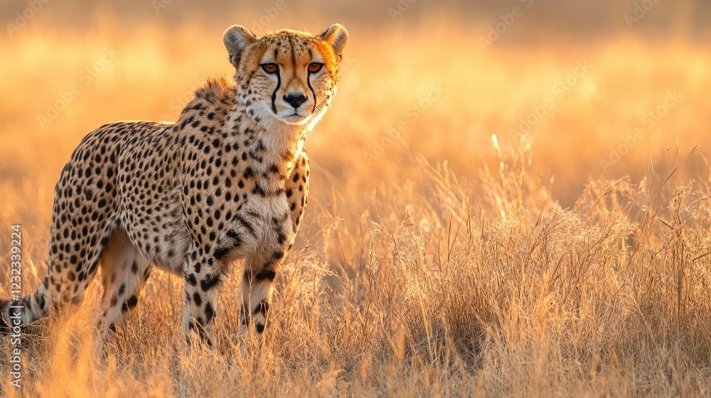 A Stunning Portrait of a Cheetah Standing Tall in a Golden Field at Sunset A Stunning Portrait of a Cheetah Standing Tall in a Golden Field at Sunset