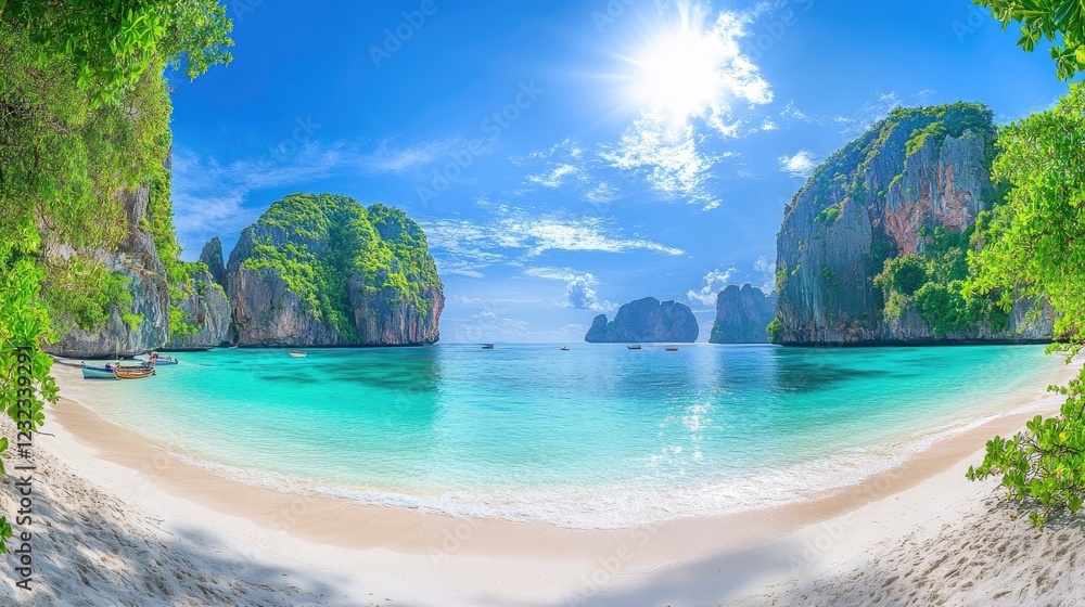 Obraz premium Panoramic shot of an idyllic tropical beach, crystal-clear turquoise water, white sand, and lush greenery under sunny skies