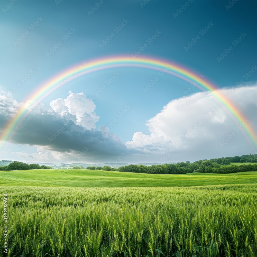Vibrant Rainbow Over Lush Green Field Vibrant Rainbow Over Lush Green Field