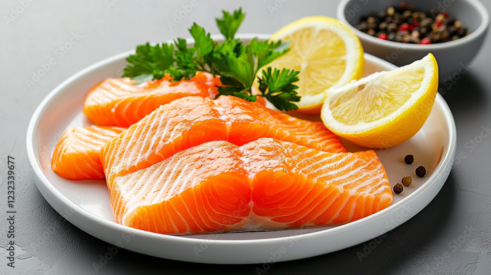 Fresh salmon fillets with lemon slices and greens on a white plate, enhancing the vibrant colors and textures Fresh salmon fillets with lemon slices and greens on a white plate, enhancing the vibrant colors and textures