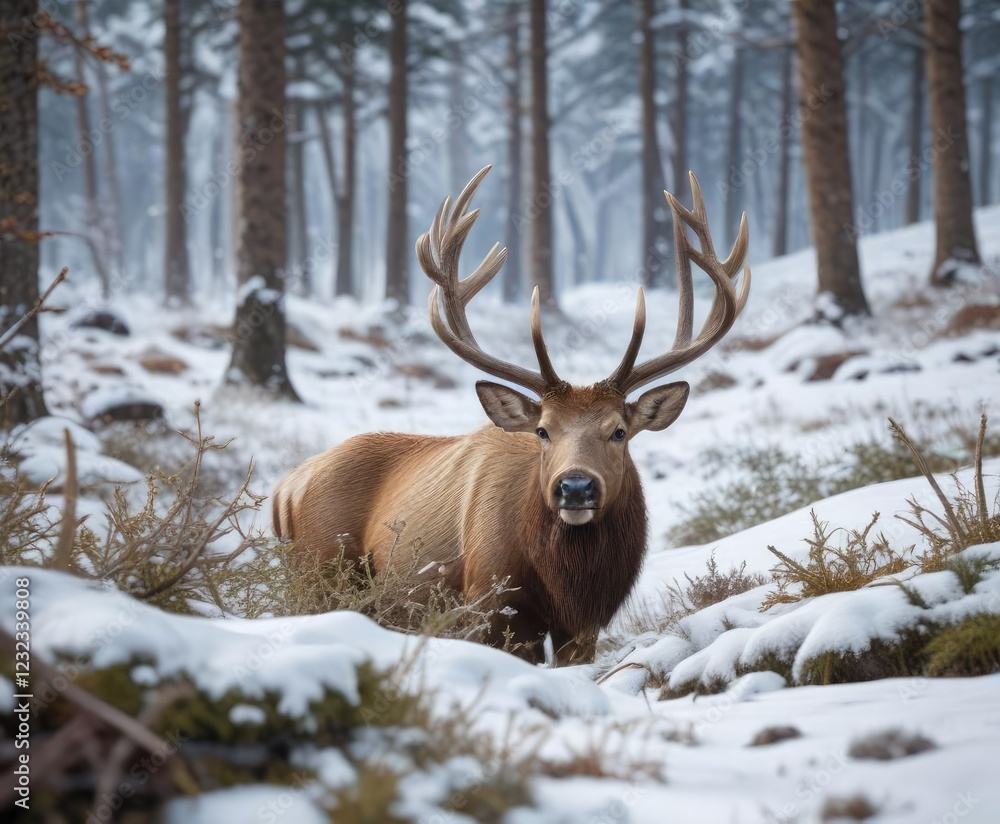 Forest floor covered in snow with a hidden wapiti male, animal tracks, wapiti, hidden animal Forest floor covered in snow with a hidden wapiti male, animal tracks, wapiti, hidden animal