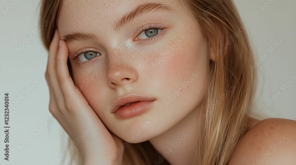 Fair person with freckles, hand by her face.