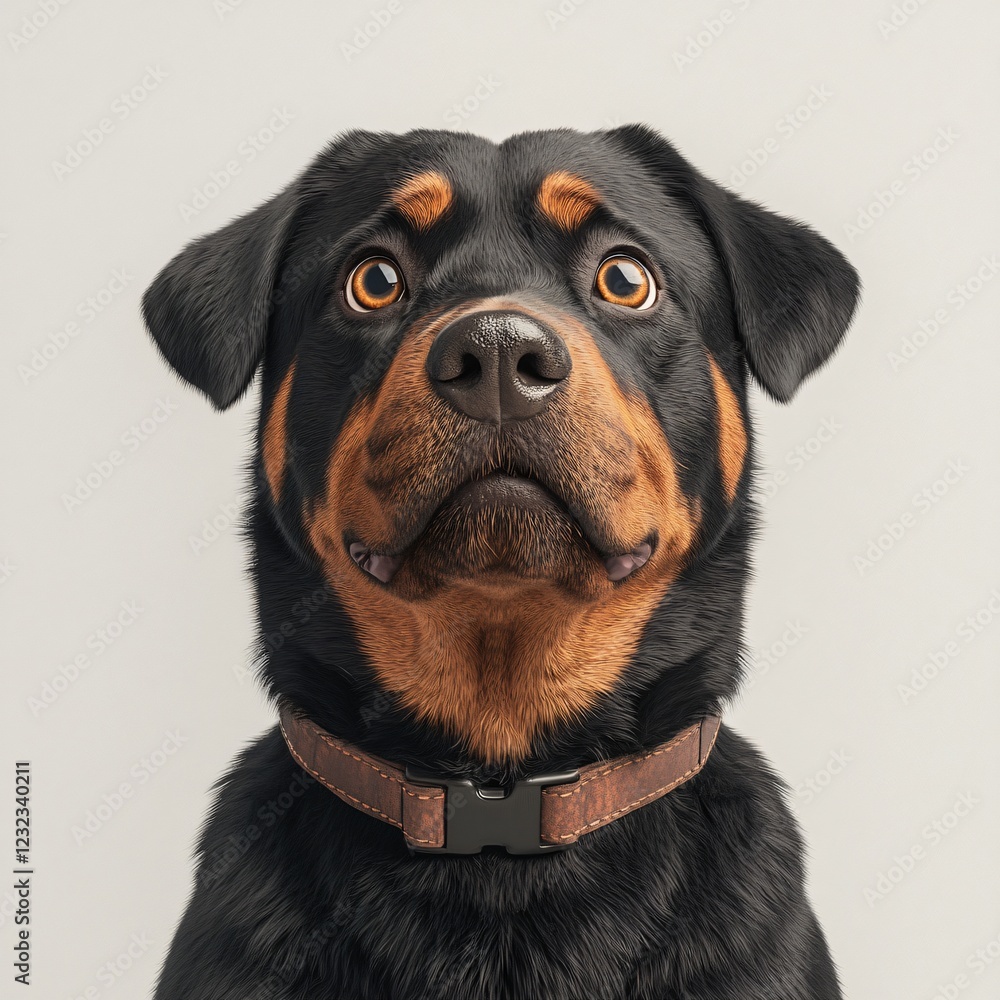 Obraz premium Adorable Rottweiler Puppy Close Up Portrait Curious Expression Brown Leather Collar