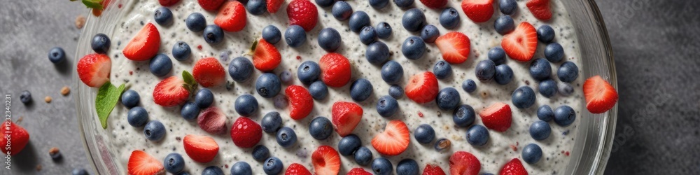 Fresh blueberries and strawberries scattered on top of chia seeds pudding, appetizing, textures Fresh blueberries and strawberries scattered on top of chia seeds pudding, appetizing, textures