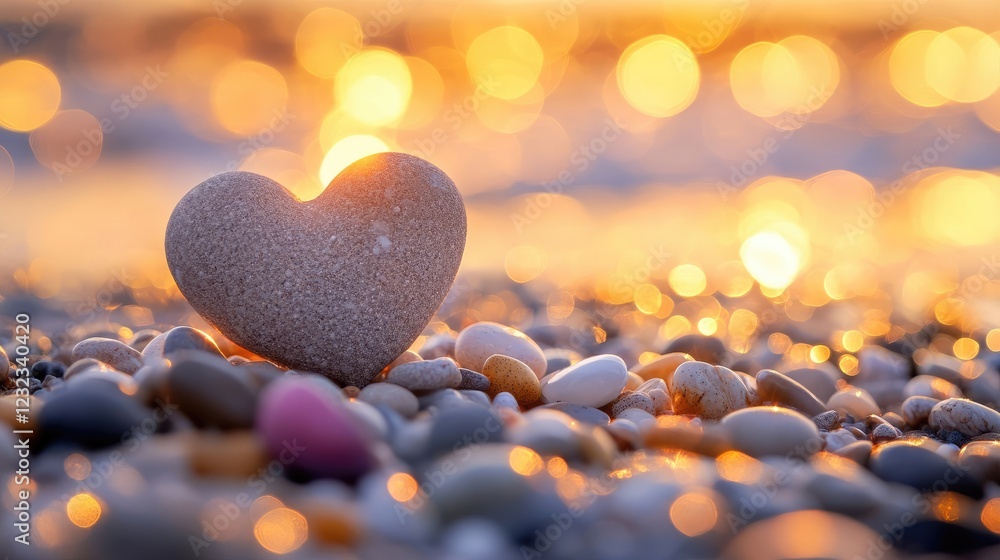 Fototapeta premium Close-up of a heart-shaped pebble balanced on other stones on a beach.