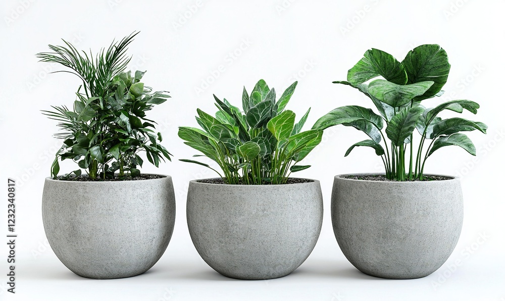 Obraz premium Three potted plants in concrete planters on a white background, ideal for home decor websites