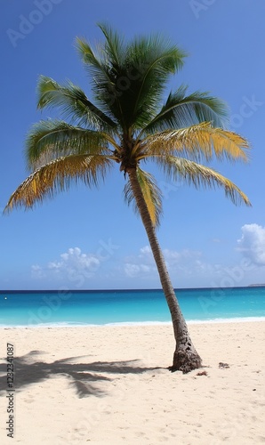 Tropical beach with leaning palm tree, white sand, turquoise water, and blue sky
