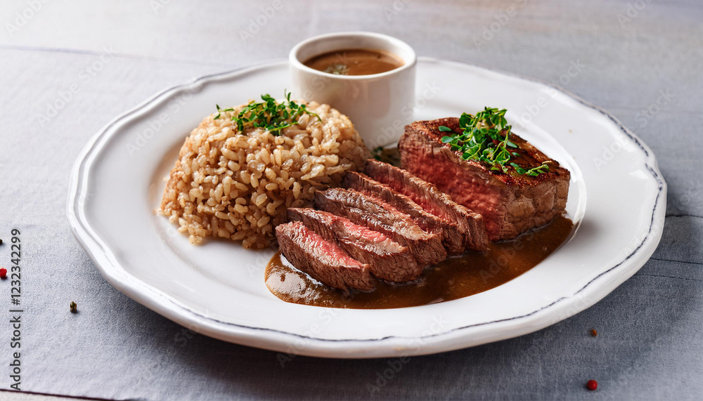 beef fillet steak with brown rice and sauce on a white plate beef fillet steak with brown rice and sauce on a white plate