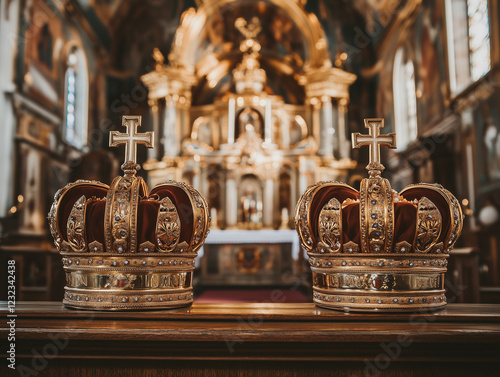 Foto Golden crowns with crosses in ornate church interior