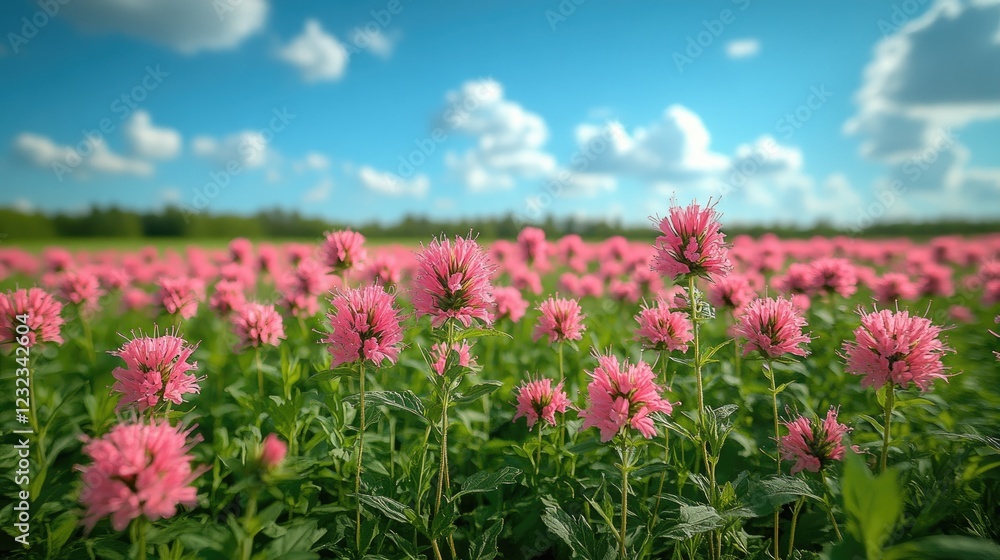 A field of pink Monarda flowers under a blue sky with white clouds creates a serene landscape A field of pink Monarda flowers under a blue sky with white clouds creates a serene landscape