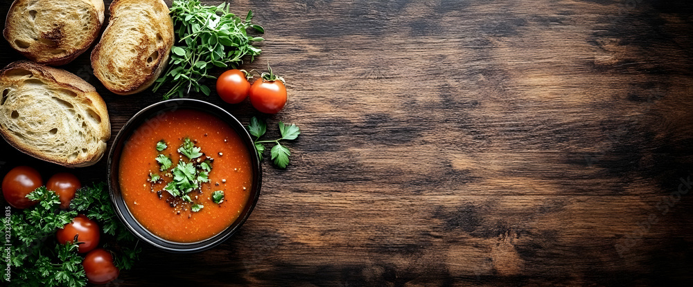 Vibrant Tomato Soup with Toasted Bread on Rustic Wooden Background Vibrant Tomato Soup with Toasted Bread on Rustic Wooden Background