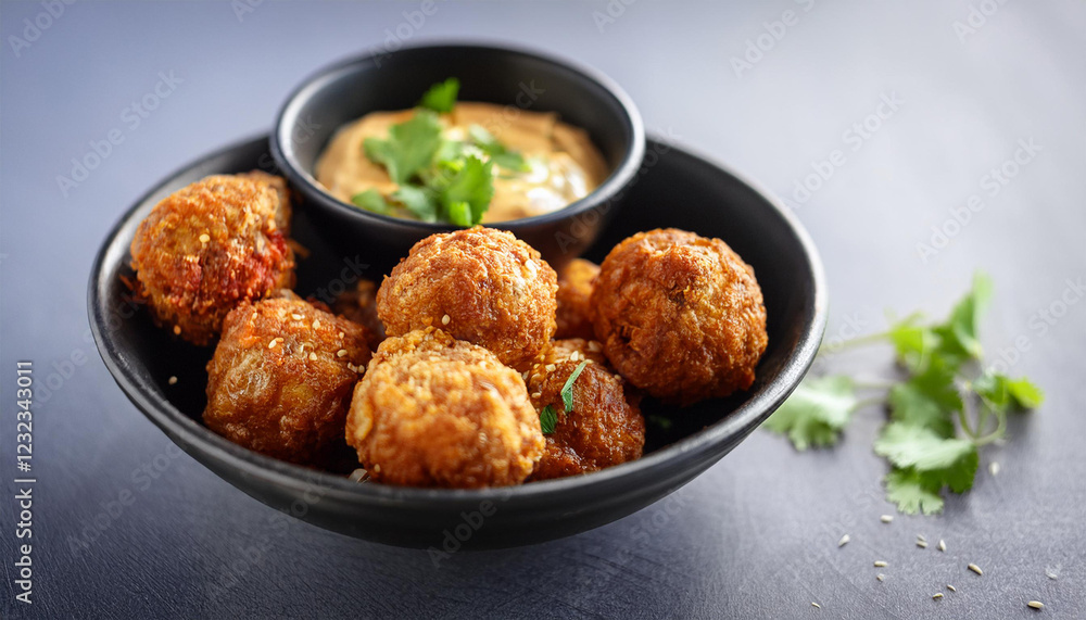 crispy golden meatballs infused with a spicy marinade served in a black ceramic bowl with a side of cilantro garnish and dipping sauce for a flavor packed appetizer crispy golden meatballs infused with a spicy marinade served in a black ceramic bowl with a side of cilantro garnish and dipping sauce for a flavor packed appetizer