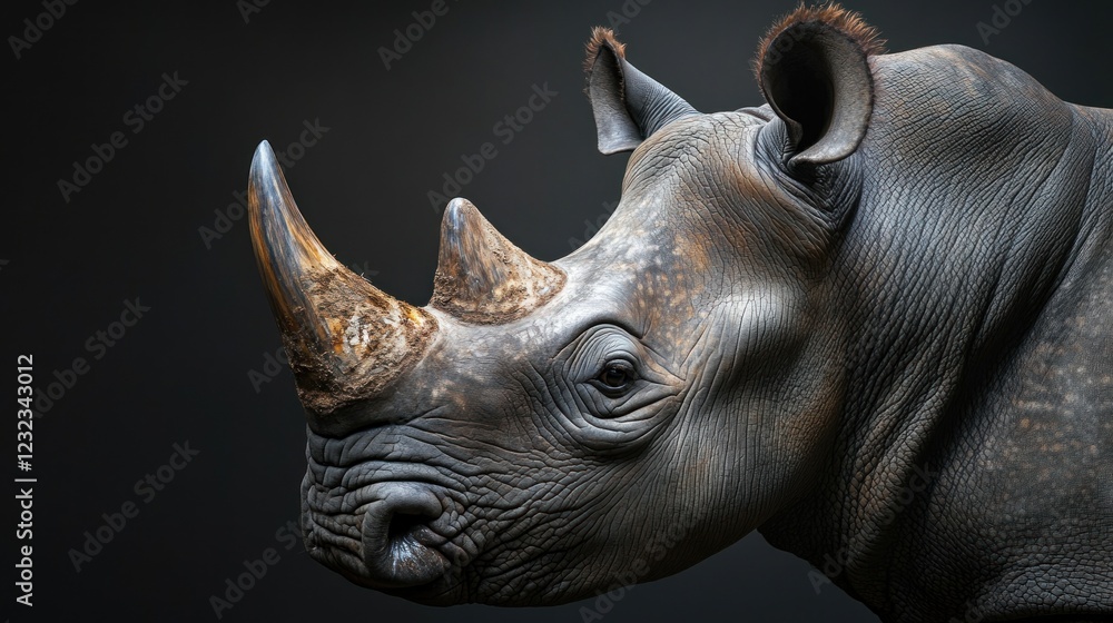 Fototapeta premium Close-up portrait of a black rhinoceros against a dark background.