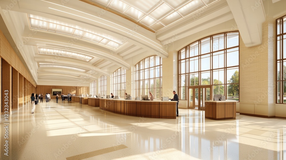 Spacious Modern Lobby Interior with Natural Light and Wood Elements in a Contemporary Building Spacious Modern Lobby Interior with Natural Light and Wood Elements in a Contemporary Building