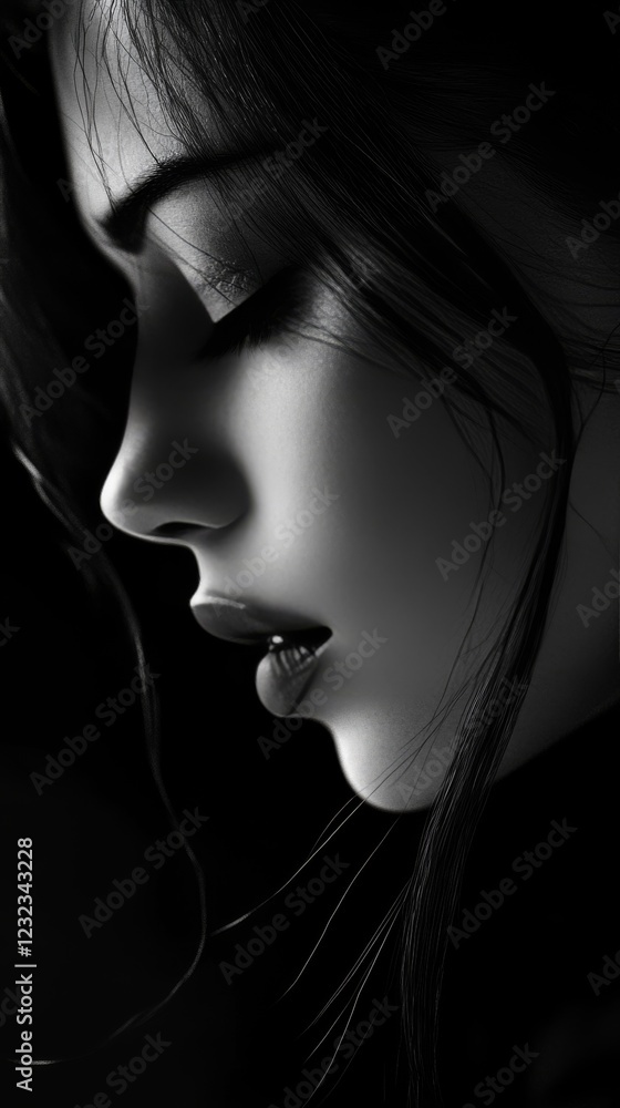 Obraz premium Captivating profile of a woman with soft lighting emphasizing her features and emotions in a dramatic black and white setting