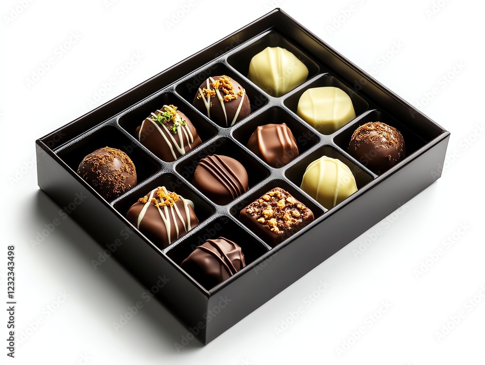a chocolate box with assorted pralines, sweet love concept, highdetail render, rich brown tones, isolated on white background a chocolate box with assorted pralines, sweet love concept, highdetail render, rich brown tones, isolated on white background
