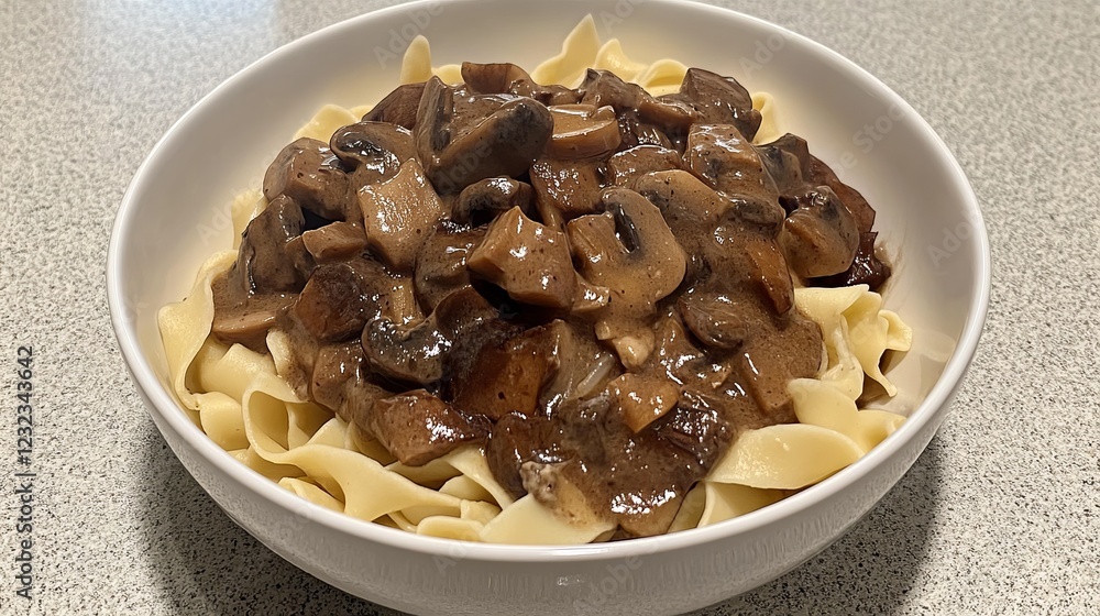Delicious creamy mushroom stroganoff served over egg noodles ready to enjoy at home Delicious creamy mushroom stroganoff served over egg noodles ready to enjoy at home