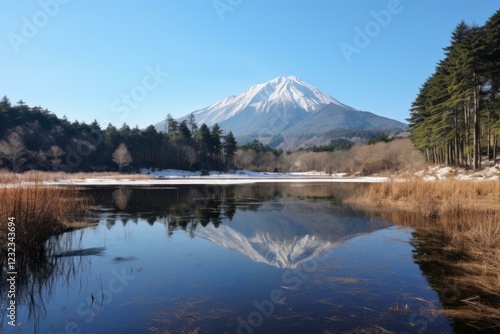 Snow capped mount fuji reflected in lake tanuki near the forests surrounding it on a clear winter morning photo