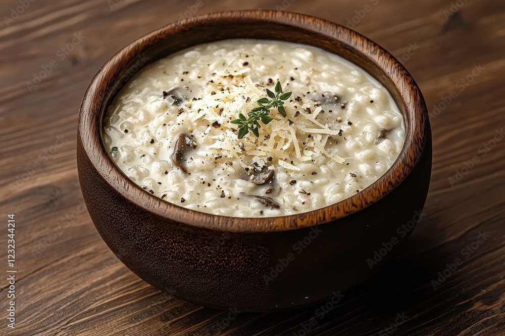 Creamy mushroom risotto with thyme on rustic wooden plate Creamy mushroom risotto with thyme on rustic wooden plate