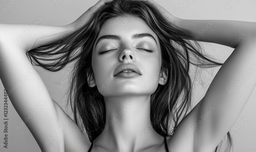 Naklejka premium Black and white portrait of a woman with eyes closed.