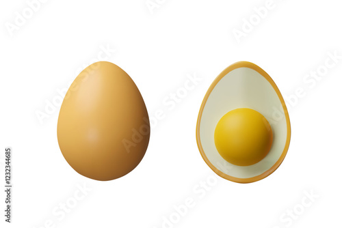 3d render set egg. Three-dimensional vector illustration of hen eggshell and yolk. Easter egg meal decoration. Nature ingredient of protein and fats for breakfast or lunch. Healthy eating concept