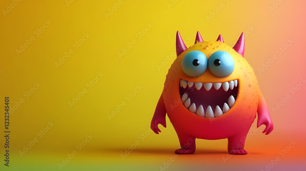 Cute cartoon monster with horns and big teeth, smiling on a yellow background. Cute cartoon monster with horns and big teeth, smiling on a yellow background.